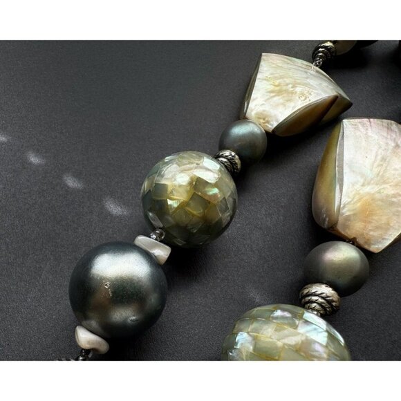 Vintage Rainbow Shell 4, Mozaic & grey ball beaded Statement Necklace 33” - Picture 5 of 6